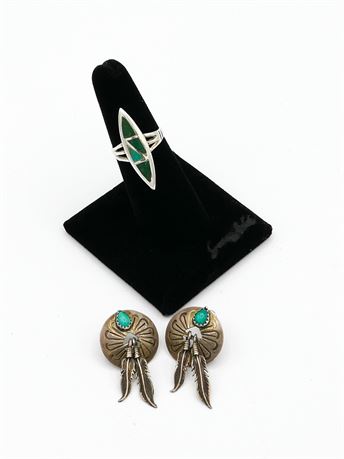 Sterling Silver Southwestern Malachite Turquoise Earring/Ring Set (750)