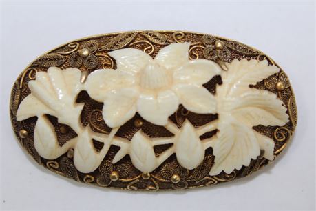 Vintage Sterling Silver Filigree W/ Hand Carved Bone Floral Pattern
