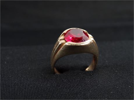 Large 10K Yellow-Gold Stamped Ring w/ Large Ruby 6.2 Grams (TESTED) [DD74]
