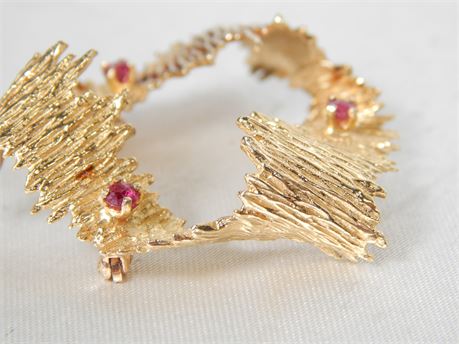 Gorgeous 14K Gold Brooch with Ruby Red Stones 9.8 grams (270SA)