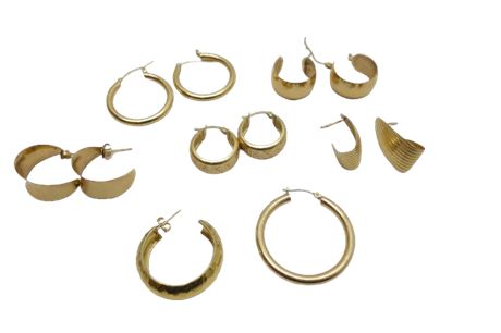 14k Yellow Gold Earring Lot; 5-Pair/ 2-Singles, 14.6g, Tested [1375N]