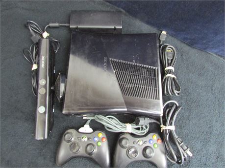 XBOX360 WITH TWO CONTROLLERS WITH A HDMI CORD AND POWER CORD & KINECT SENSOR