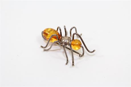 Sterling Silver Ant Brooch W/ Amber 3.6 g