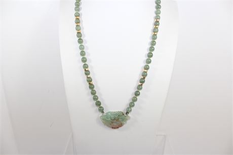 Carved Jade Pendant Necklace W/ 14k Yellow Gold Clasp & Beads
