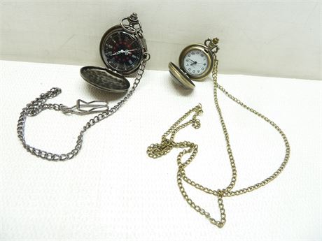 2- Decorative Quartz Pocket Watches W/ Chains; (!RUNNING)