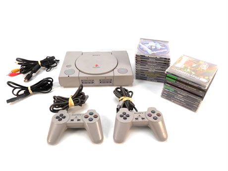Sony PlayStation One PS1 Console + 2 Controllers & 19 Games