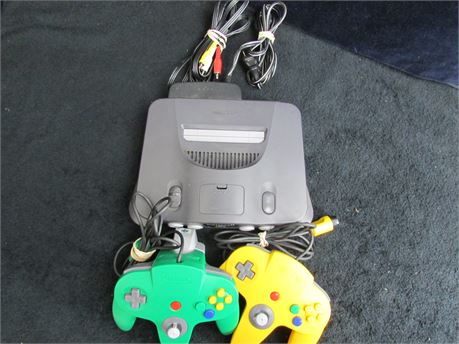 NINTENDO 64 WITH TWO CONTROLLERS, POWER SUPPLY & VIDEO CABLES