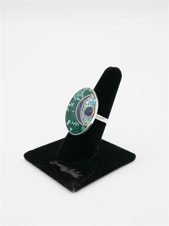 Sterling Silver Inlaid Malachite/Lapis/Turquoise Adjustable Size Ring (750)
