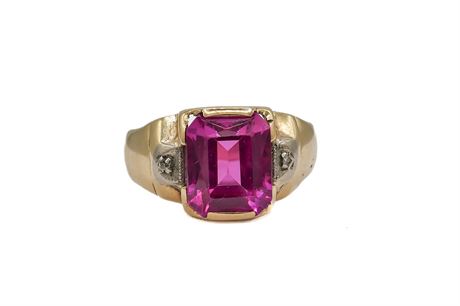 Pink Sapphire Diamond Chip 10K Yellow Gold Ring Sz 8.75 (649)