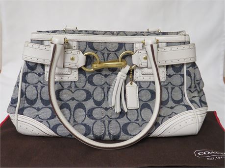 navy blue and white coach purse