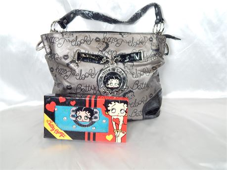 Cute!! Betty Boop Gray Top Handle Bag and Blue Wallet (270R4)