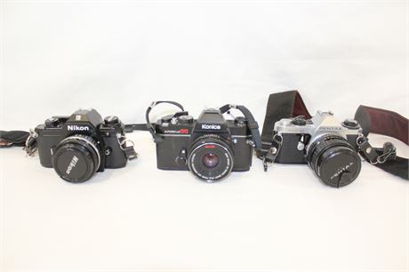3 Film Cameras Konica Pentax Nikon